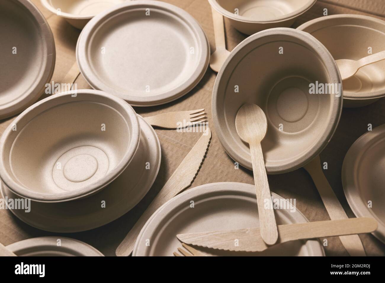stoviglie monouso ecocompatibili. piatti in carta riciclata e posate in legno Foto Stock