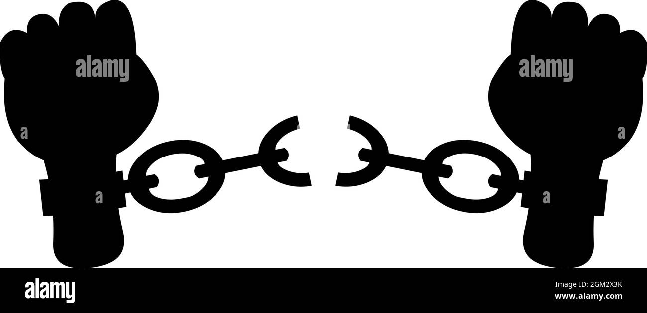 Illustrazione vettoriale di una silhouette nera di una mano che si rompe dalle catene Illustrazione Vettoriale