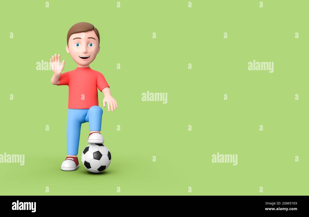 Personaggio 3D Cartoon Kid in piedi con pallone da calcio su verde con Copy Space Foto Stock