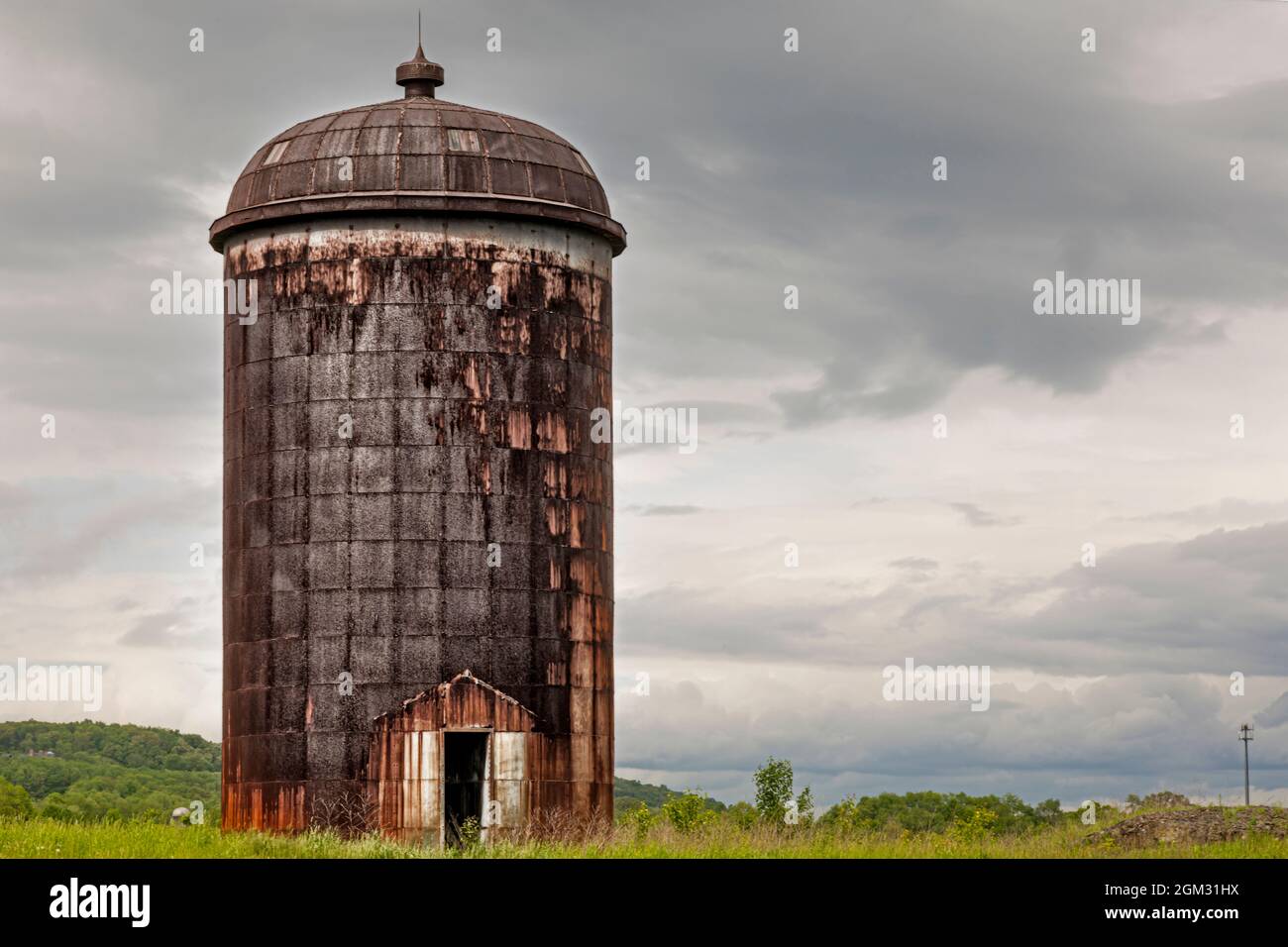 Silo rustico - Vista di un silo arrugginito in una fattoria della contea di Sussex, New Jersey, questa immagine è disponibile a colori e in bianco e nero. Per visualizzare aggiungi Foto Stock