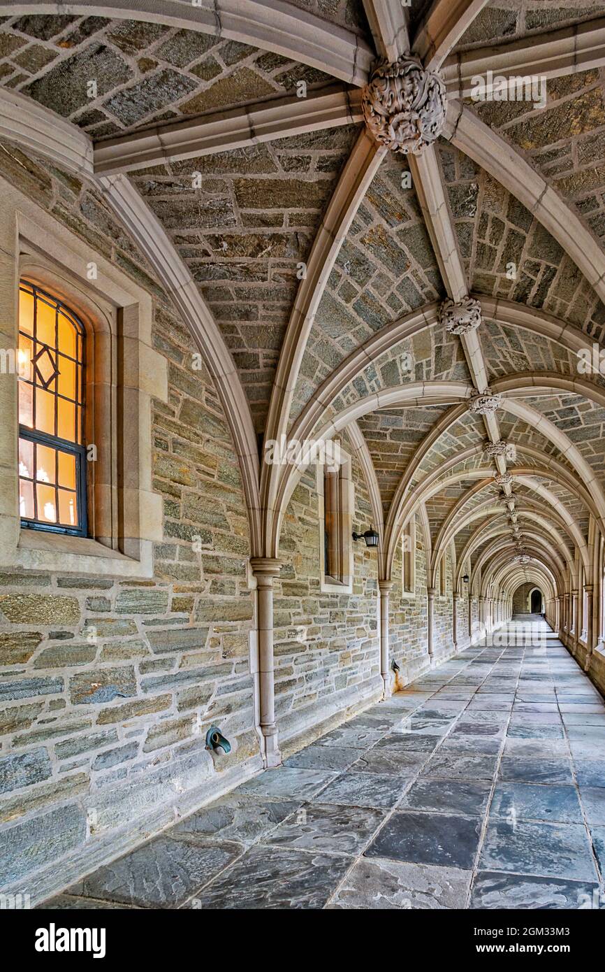 Princeton University Hallway - una vista su un perfetto esempio di architettura gotica Collegiata. Princeton University è un privato Ivy League rese Foto Stock