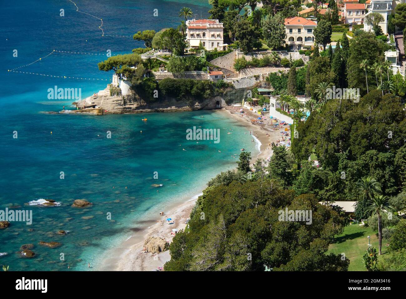 Bella vista Buse spiaggia, Roquebrune-Cap-Martin, Francia, Costa azzurra, Europa Foto Stock
