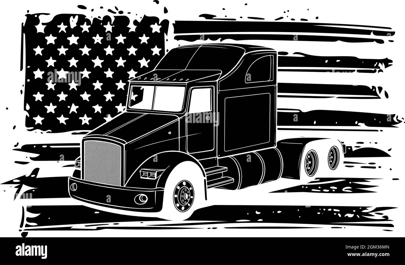 silhouette di camion nera con bandiera americana, disegno vettoriale Illustrazione Vettoriale