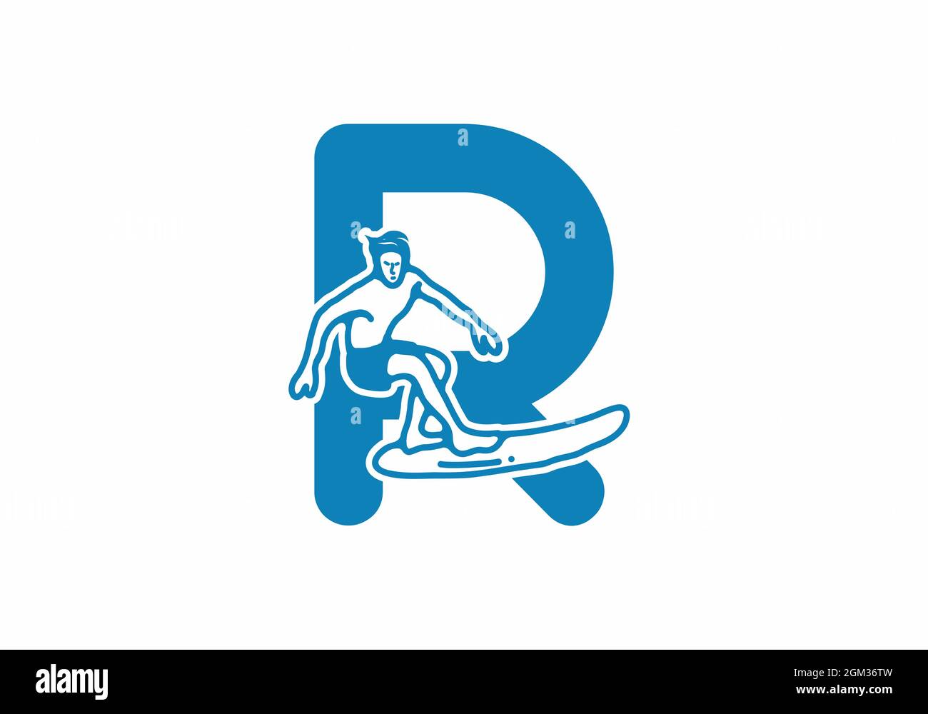 Uomo surf linea illustrazione d'arte con R iniziale lettera disegno Illustrazione Vettoriale