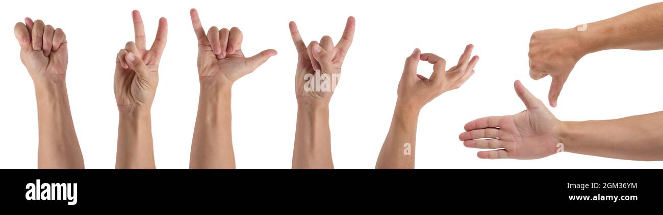 Collage di diversi gesti di mano dell'uomo su sfondo bianco isolare, approvazione, vittoria, negativo e positivo Foto Stock