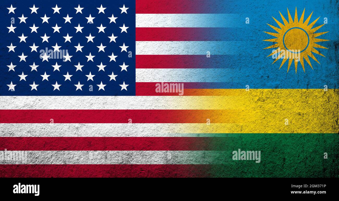 Bandiera nazionale degli Stati Uniti d'America (USA) con bandiera nazionale del Ruanda. Grunge sfondo Foto Stock