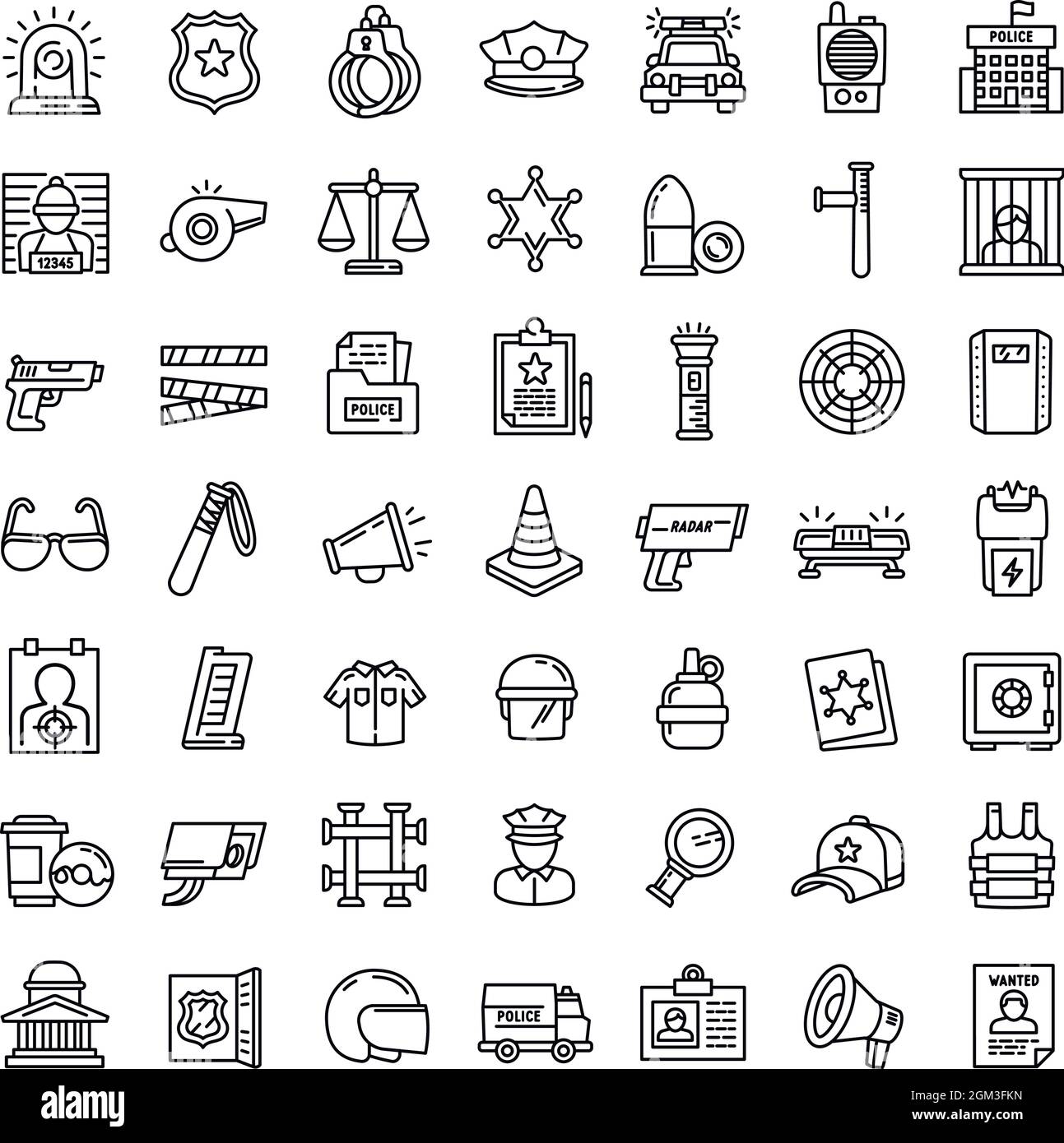 Set di icone per attrezzature di polizia. Insieme di icone vettoriali per attrezzature di polizia per il web design isolato su sfondo bianco Illustrazione Vettoriale