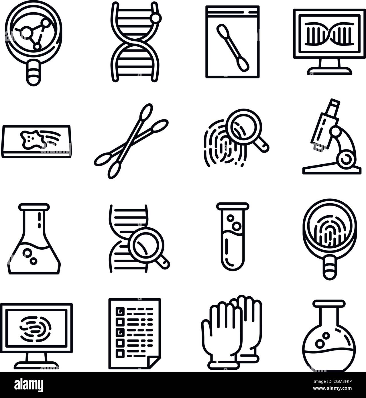 Set di icone per laboratorio forense. Contorno insieme di icone vettoriali di laboratorio forense per il web design isolato su sfondo bianco Illustrazione Vettoriale