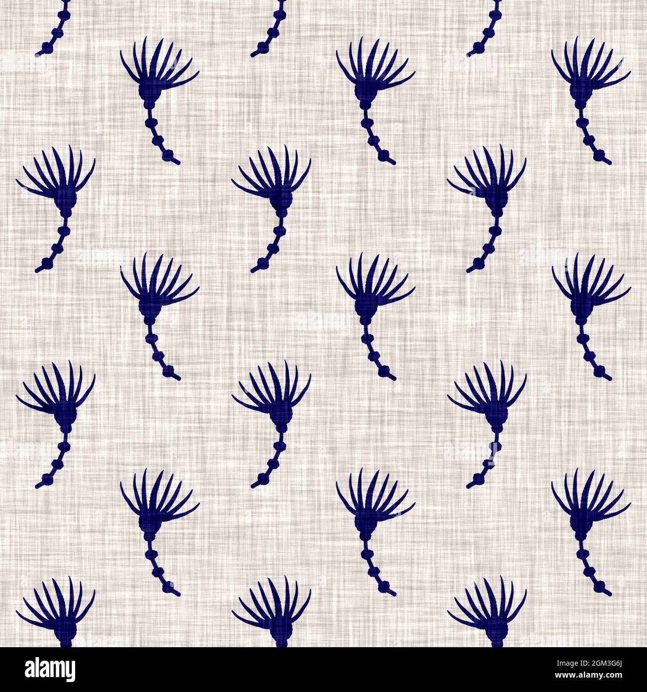 Indigo blu fiore blocco stampa tinta tessuto di lino sfondo. Campione giapponese di ripetizione batik tessuto senza cuciture. Sfocatura floreale organica afflosciata Foto Stock