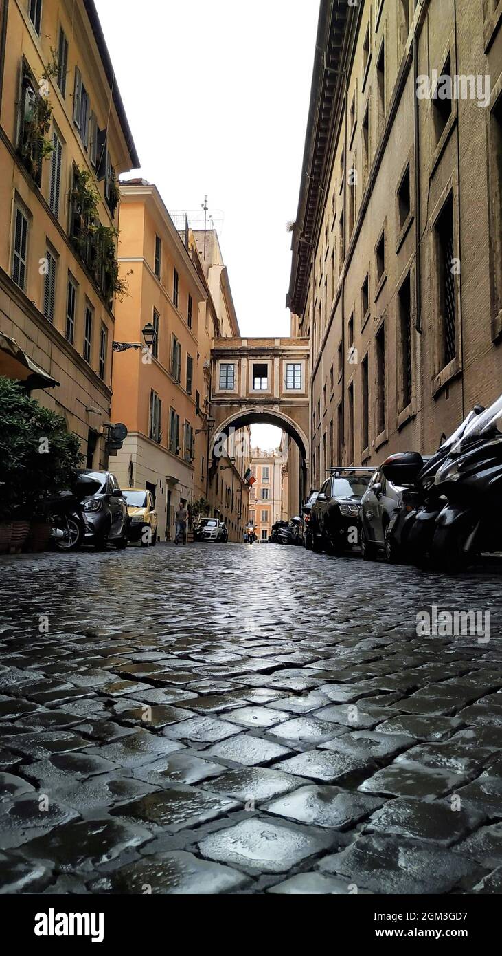 tutte le strade portano a roma. strada bagnata di roma con diverse auto parcheggiate. rainyt giorno a roma, italia Foto Stock