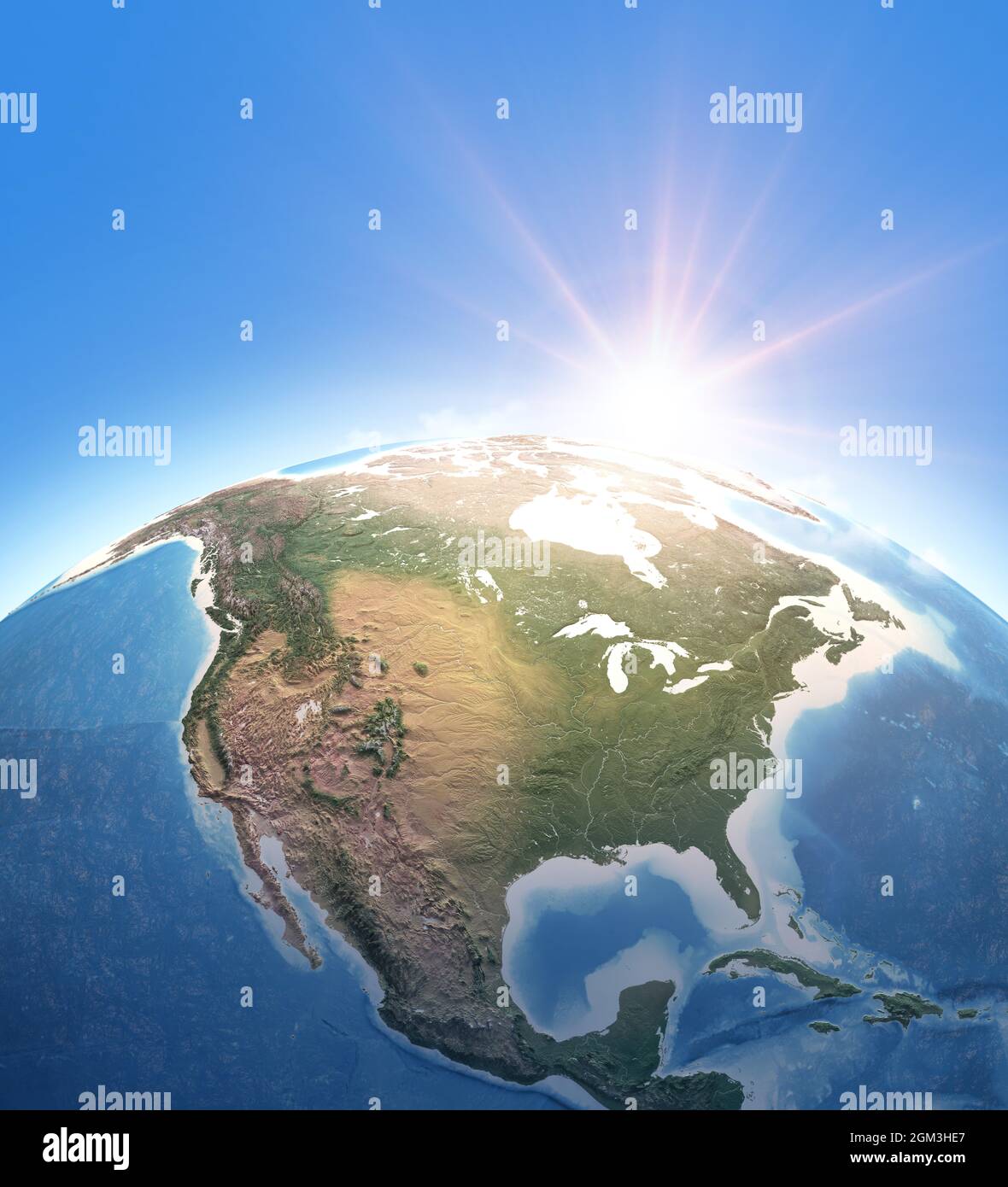 Sole che brilla sul pianeta Terra. Mappa fisica di Nord America, Stati Uniti, Canada, Alaska e Groenlandia. Elementi di questa immagine forniti dalla NASA Foto Stock