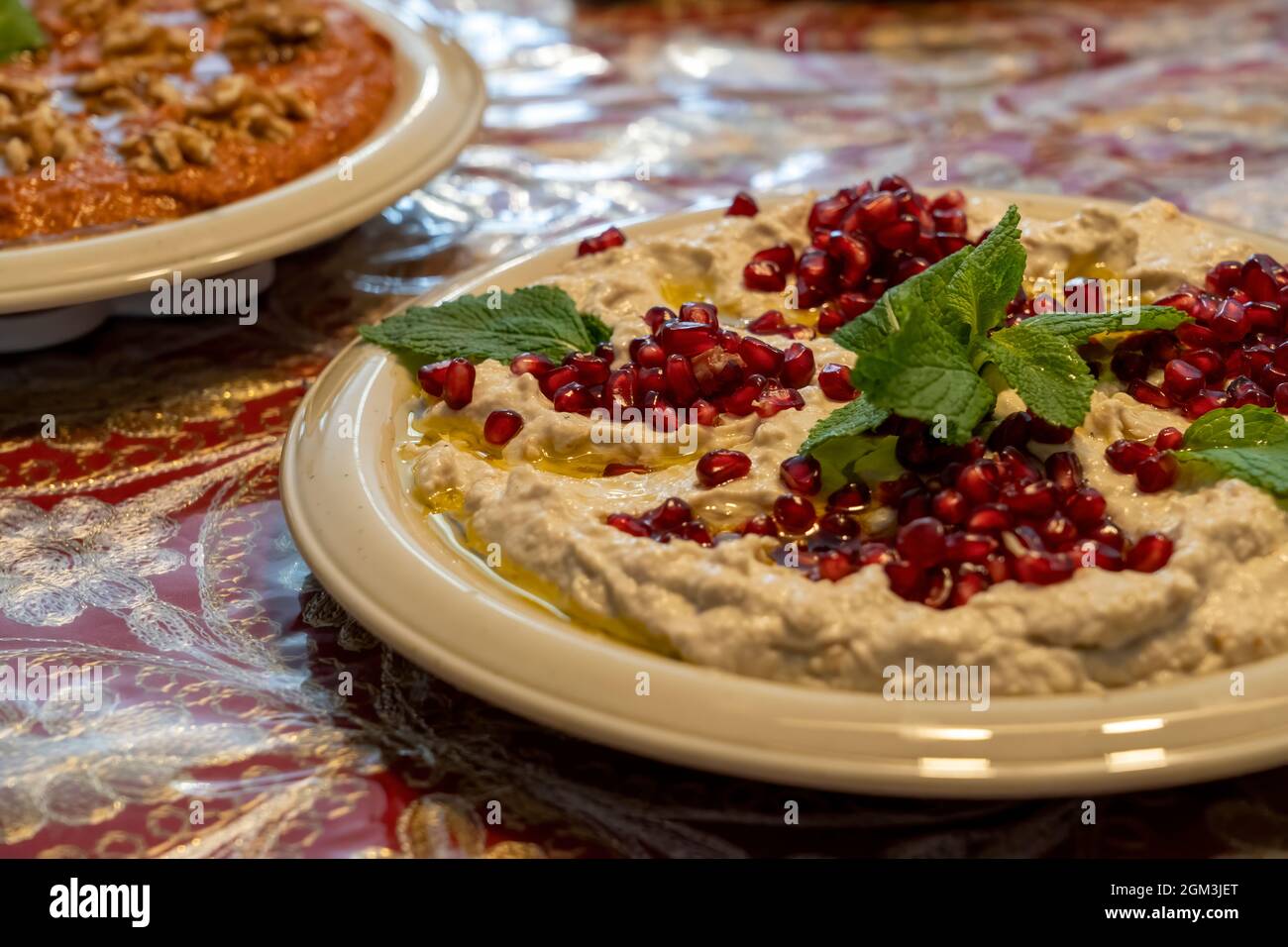 Baba Ghanoush o Baba Ghanoush, salsa di insalata fatta di melanzane e farina liquida e un antipasto. Vista dall'alto orizzontale Foto Stock