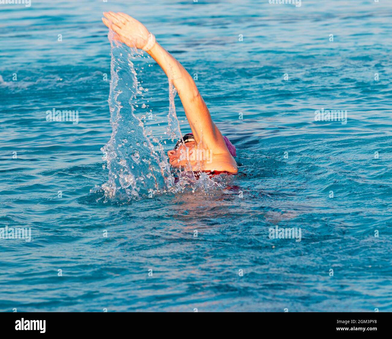 Vista posteriore del braccio del nuotatore femminile nell'aria con l'acqua che gocciola via mentre nuota in una piscina di addestramento per i triathlon. Foto Stock