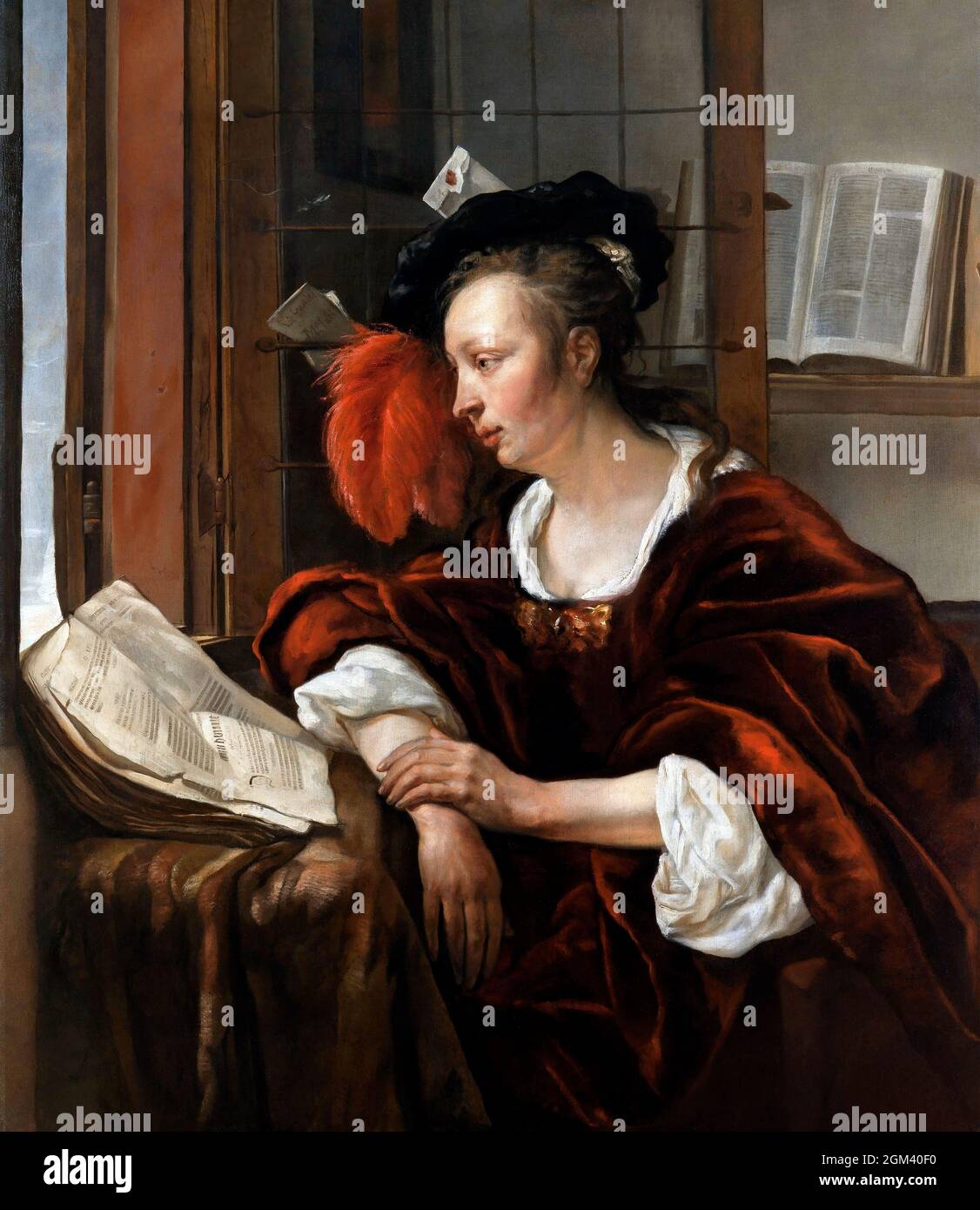 Donna che legge un libro da una finestra dell'artista olandese, Gabriël Metsu (1629–1667), olio su tela, 1663/4 Foto Stock