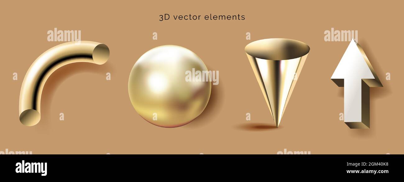 Set di forme geometriche 3D, sfondo marrone. Banner di figure matematiche decorative. Cono d'oro, sfera, tubo e illustrazione del vettore freccia nella Illustrazione Vettoriale