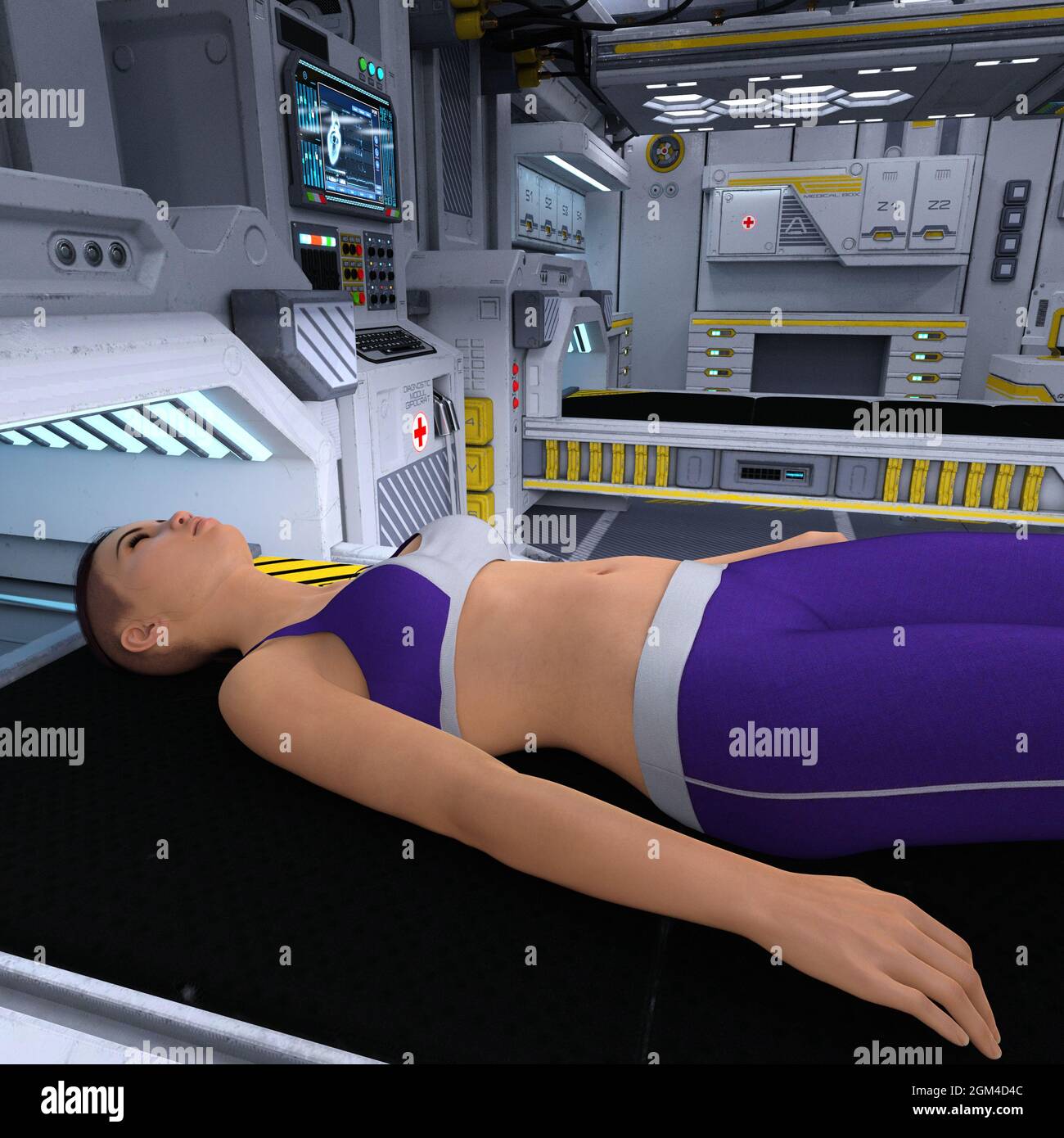Illustrazione 3D di un ospedale futuristico in una stella fantascientifica Foto Stock