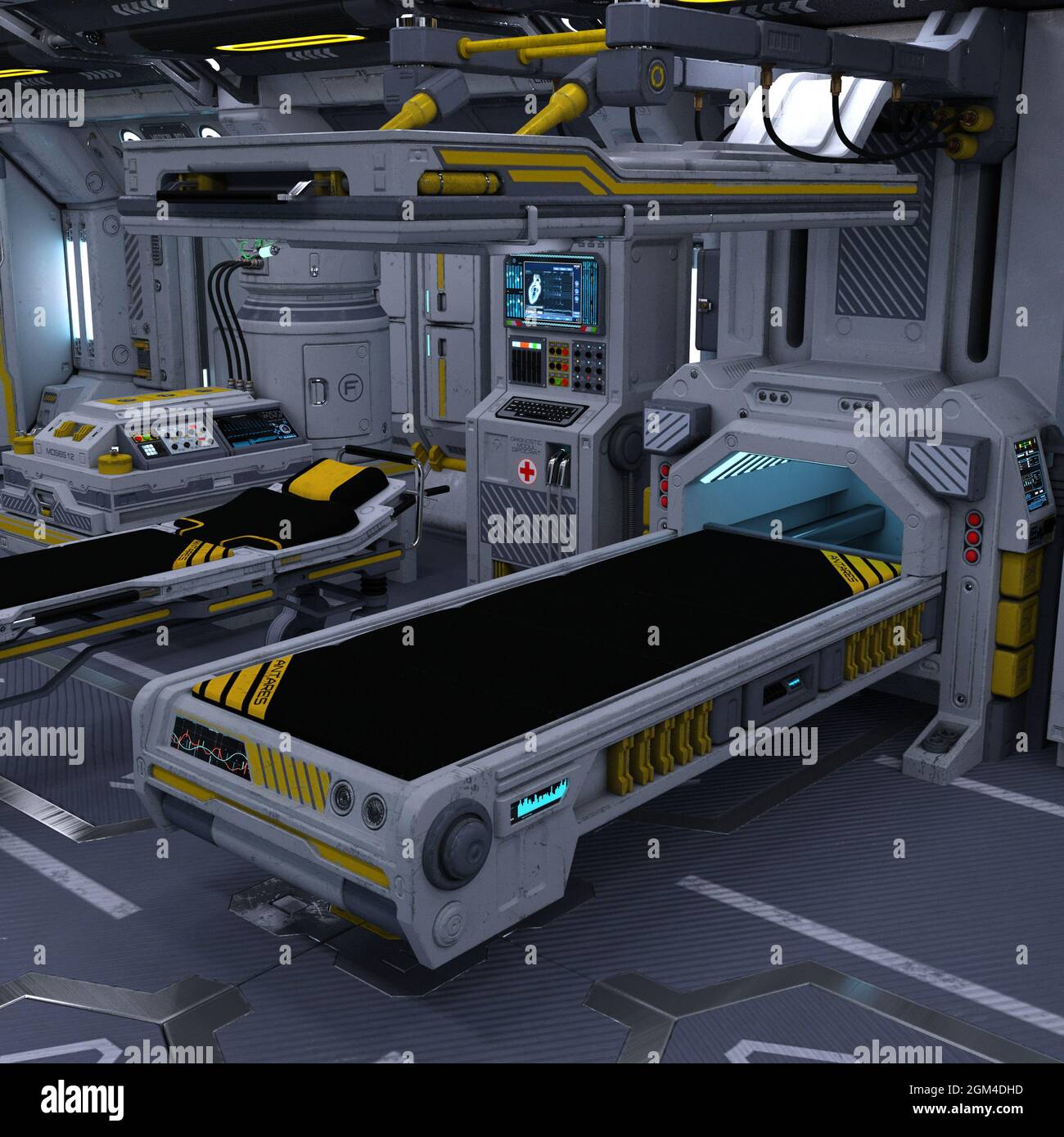Illustrazione 3D di un ospedale futuristico in una stella fantascientifica Foto Stock
