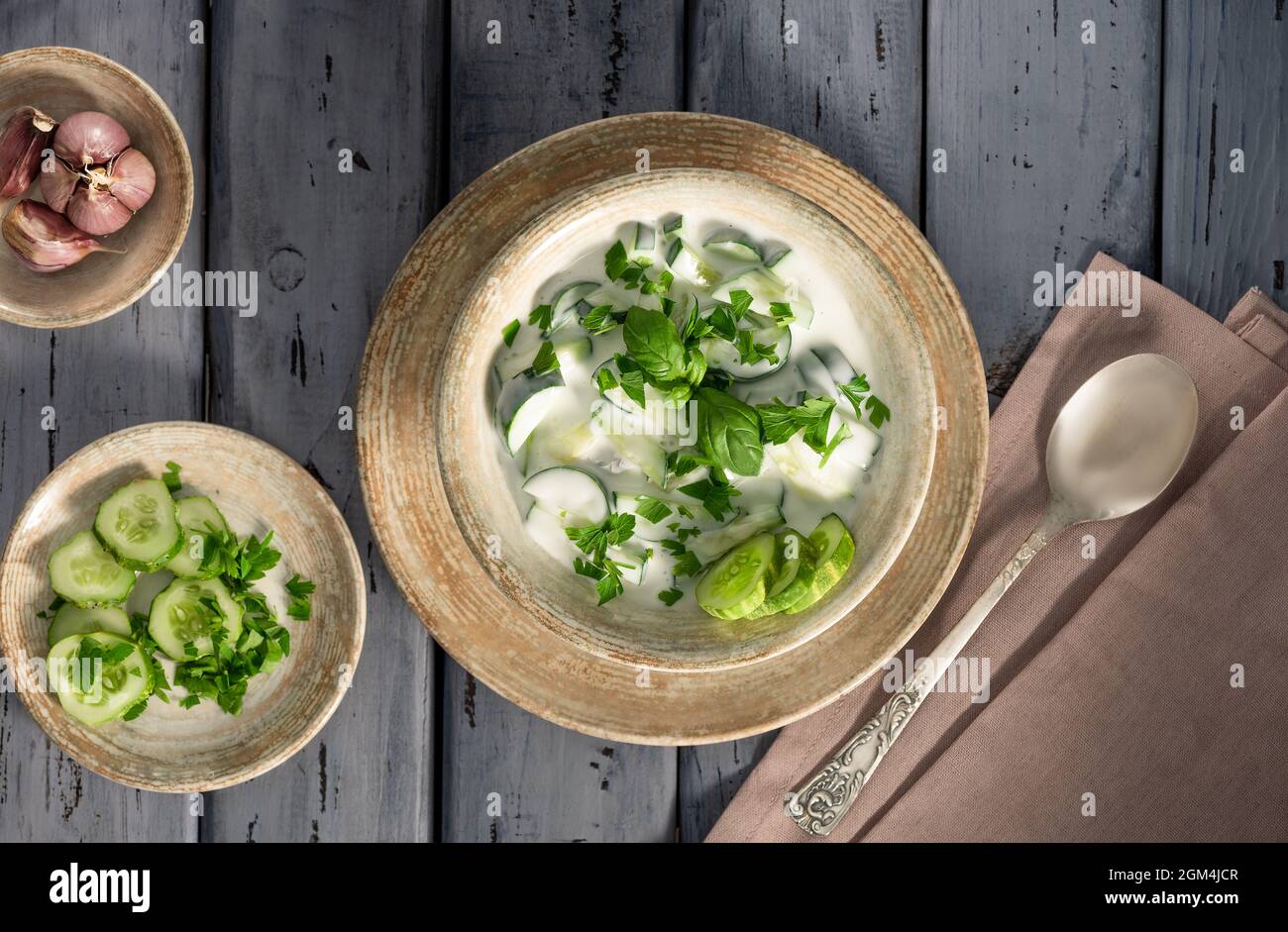 Salsa di raita indiana con erbe e cetrioli. Su un tavolo di legno. Messa a fuoco selettiva. Foto Stock