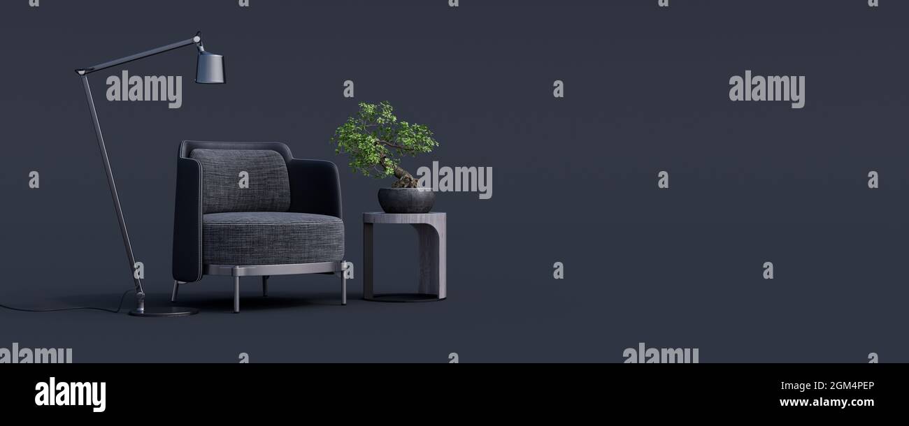 Design creativo degli interni in studio nero con poltrona. Rappresentazione 3D concettuale minimale Foto Stock