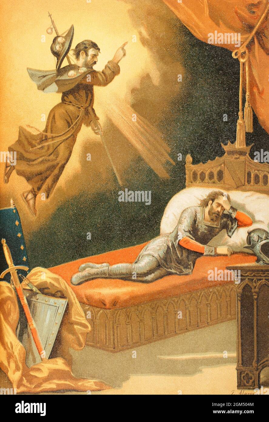 Il sogno di Don Ramiro. Illustrazione che rappresenta uno dei momenti prima della battaglia di Clavijo (23 maggio 844). Il re delle Asturie Ramiro i (791-850), alla vigilia della battaglia e mentre dormiva, aveva un sogno in cui Giacomo (S. Giacomo l'Apostolo) gli apparve, suggerendo il suo miracoloso intervento per aiutare i cristiani a vincere la guerra, consigliandogli di andare in battaglia il giorno dopo. L'apparizione di Giacomo a Ramiro I. Illustrazione di J. Alaminos. Chromolithography. Historia General de España (Storia Generale della Spagna). Volume I. Madrid, 1888. Autore: Juan Alaminos. Artista spagnolo del secondo h Foto Stock