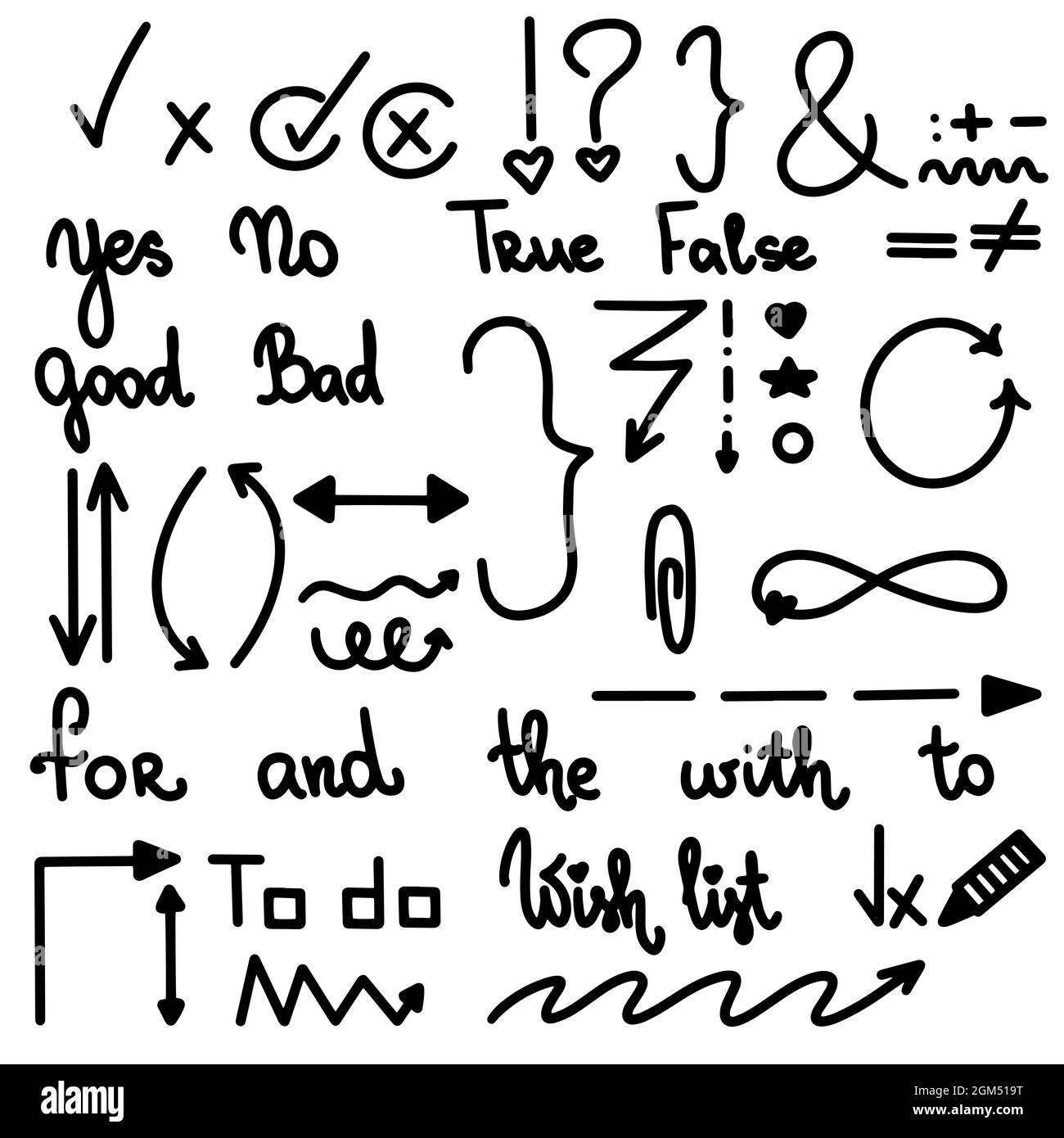 Segno di spunta nero segno di spunta disegnato a mano segno V X sì NO ok illustrazione vettoriale. Casella di controllo icona gesso segno di spunta buono errato vero falso. Design grafico dood Illustrazione Vettoriale