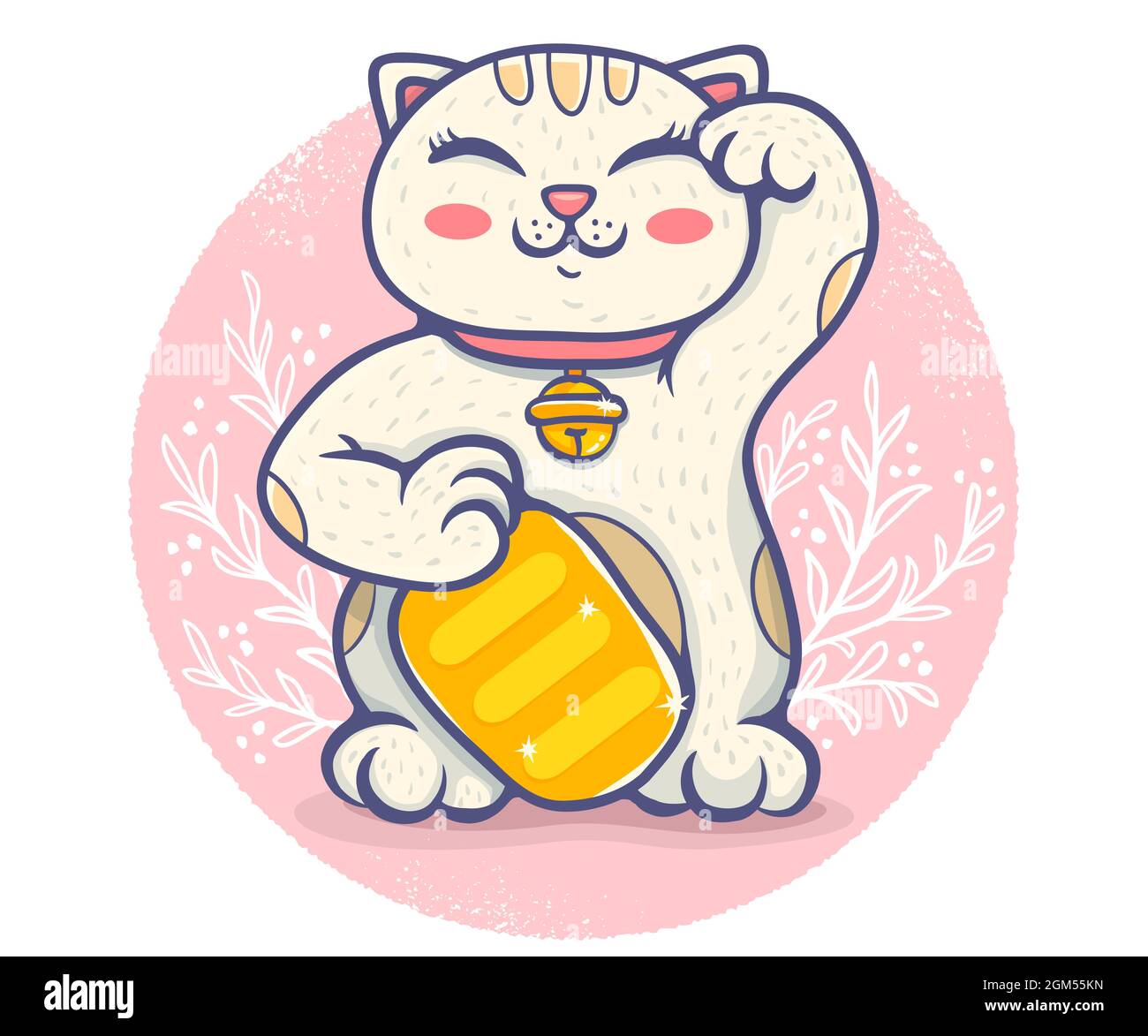 Poster vettoriale retrò con gatto fortunato. Neko sul retro rosa con piante. Vettore kawaii gatto fortunato Illustrazione Vettoriale