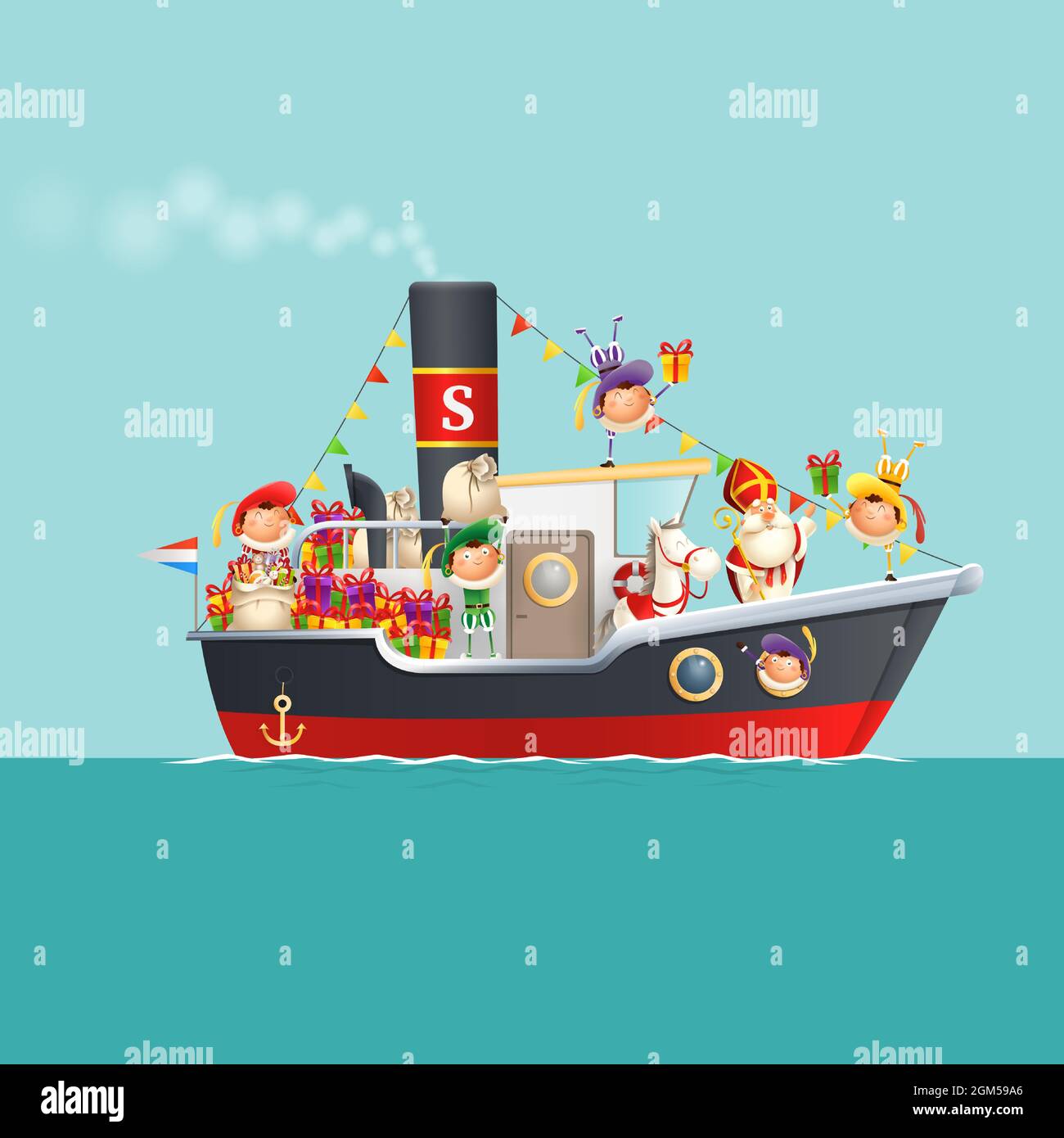 Sinterklaas sta arrivando in città con i bambini in barca a vapore - festa Sinterklaas giorno - illustrazione vettoriale Illustrazione Vettoriale