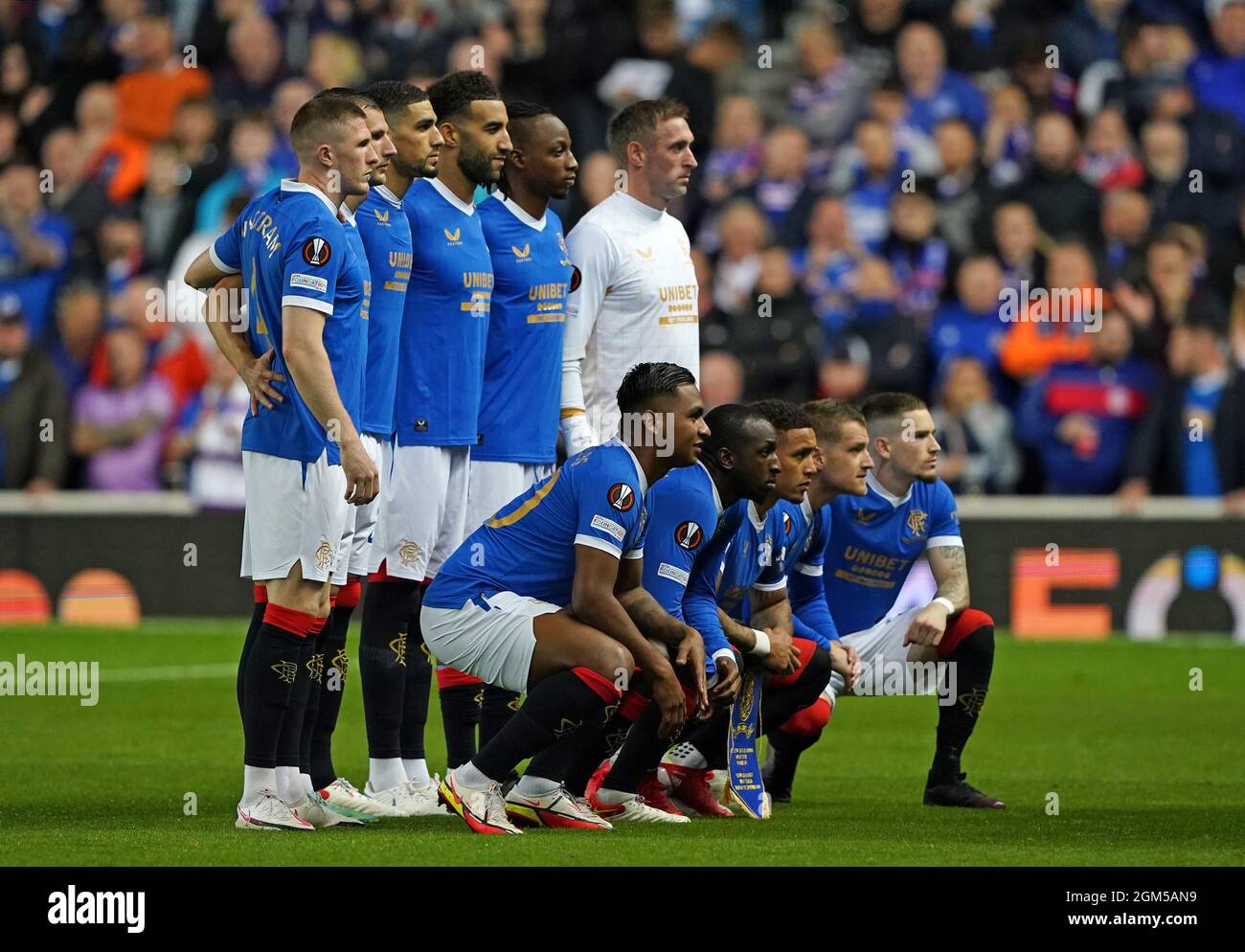 John Lundstram, Borna Barisic, Connor Goldson, Joe Aribo, Allan McGregor, Alfredo Morelos, Glen Kamara, James Tavernier, Steven Davis, Ryan Kent prima della UEFA Europa League, Gruppo A allo stadio Ibrox di Glasgow. Data foto: Giovedì 16 settembre 2021. Foto Stock