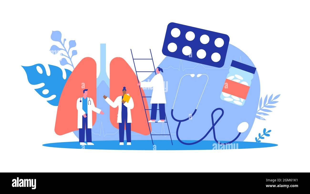 Personale medico che fa lo studio medico o la ricerca scientifica sul polmone umano. Concetto di specialista delle vie respiratorie. Illustrazione della malattia influenzale isolata in Illustrazione Vettoriale