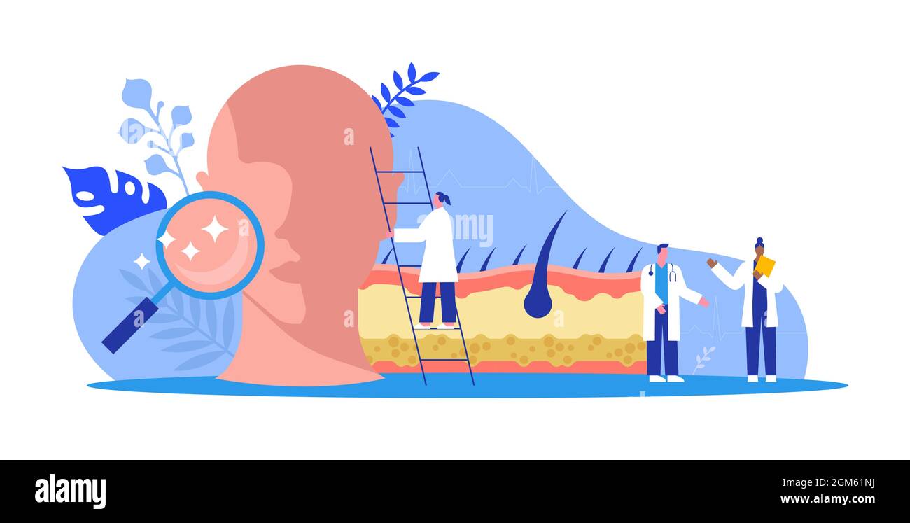 Dermatologo medico squadra che fa lo studio di medicina o la ricerca di scienza sulla pelle del viso umano. Concetto di specialista di cosmetologia. Illustrazione medica isolata i Illustrazione Vettoriale