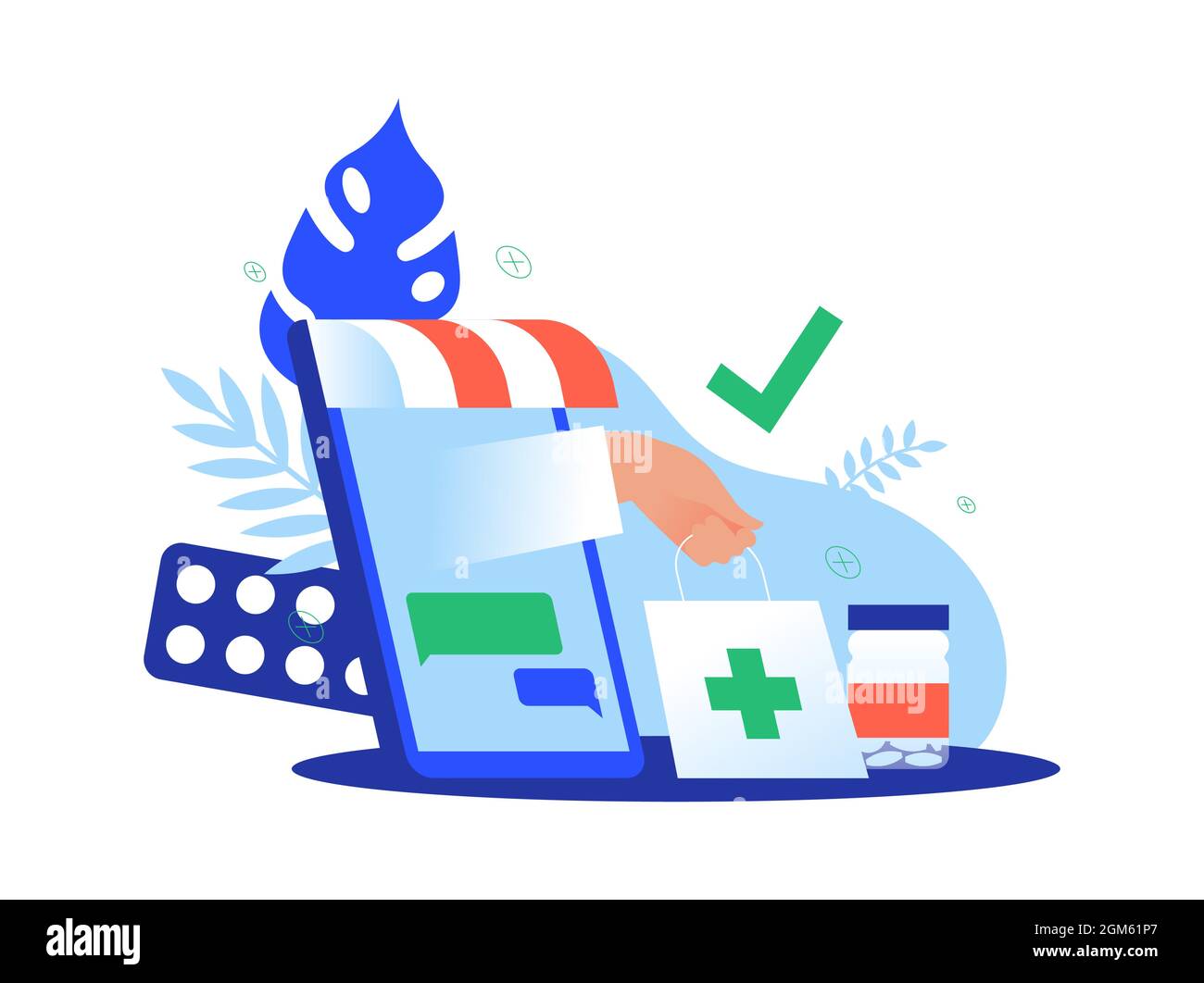 Concetto di app online per farmacia ospedaliera. Illustrazione rapida della consegna della medicina dello schermo mobile moderno dello smart phone con decorazione naturale della foglia della pianta sopra è Illustrazione Vettoriale