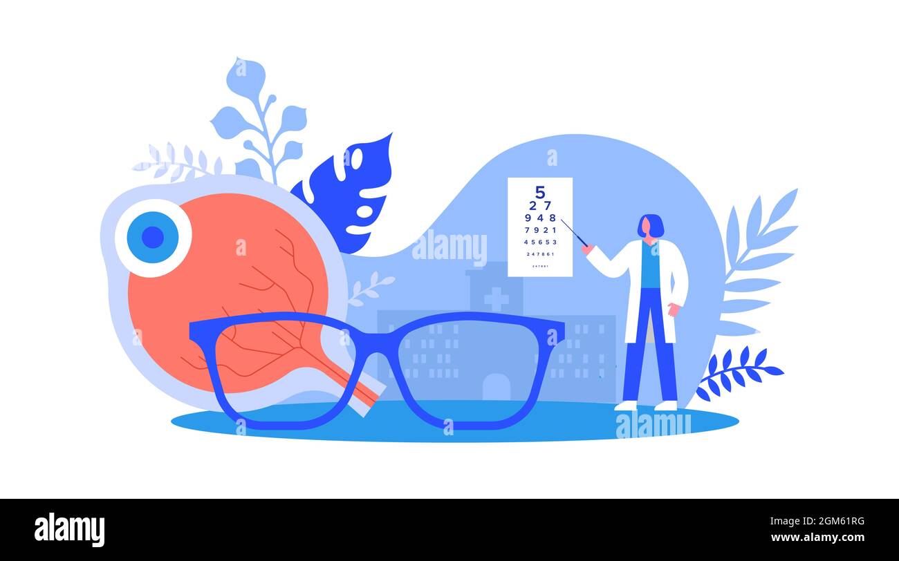 Donna dottore optometristo che fa studio medico o ricerca scientifica sull'occhio umano. Concetto di specialista oftalmologico. Illustrazione dell'esame visivo isolato nella Illustrazione Vettoriale