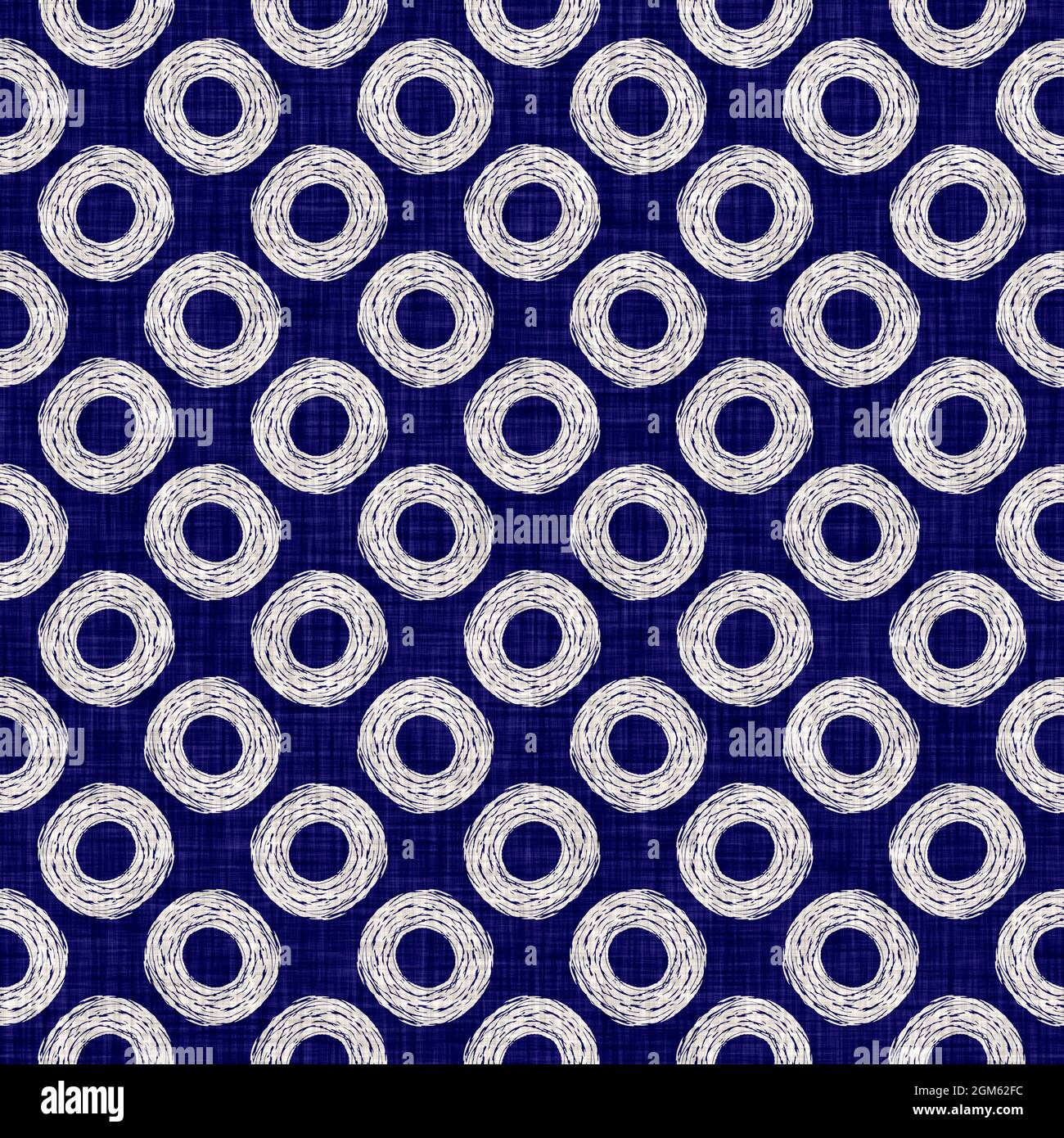 Texture indaco-cerchio senza cuciture. Sfondo blu effetto boro cotone tinto. Giappone ripetizione batik modello di resist. Stampe asiatiche stellato Foto Stock