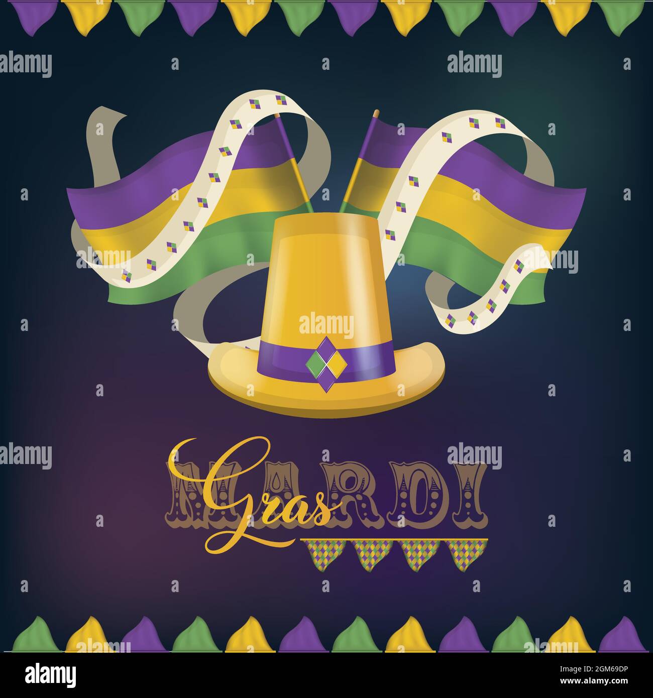 Coppia di bandiere e un poster mardi gras color cappello dorato Illustrazione Vettoriale