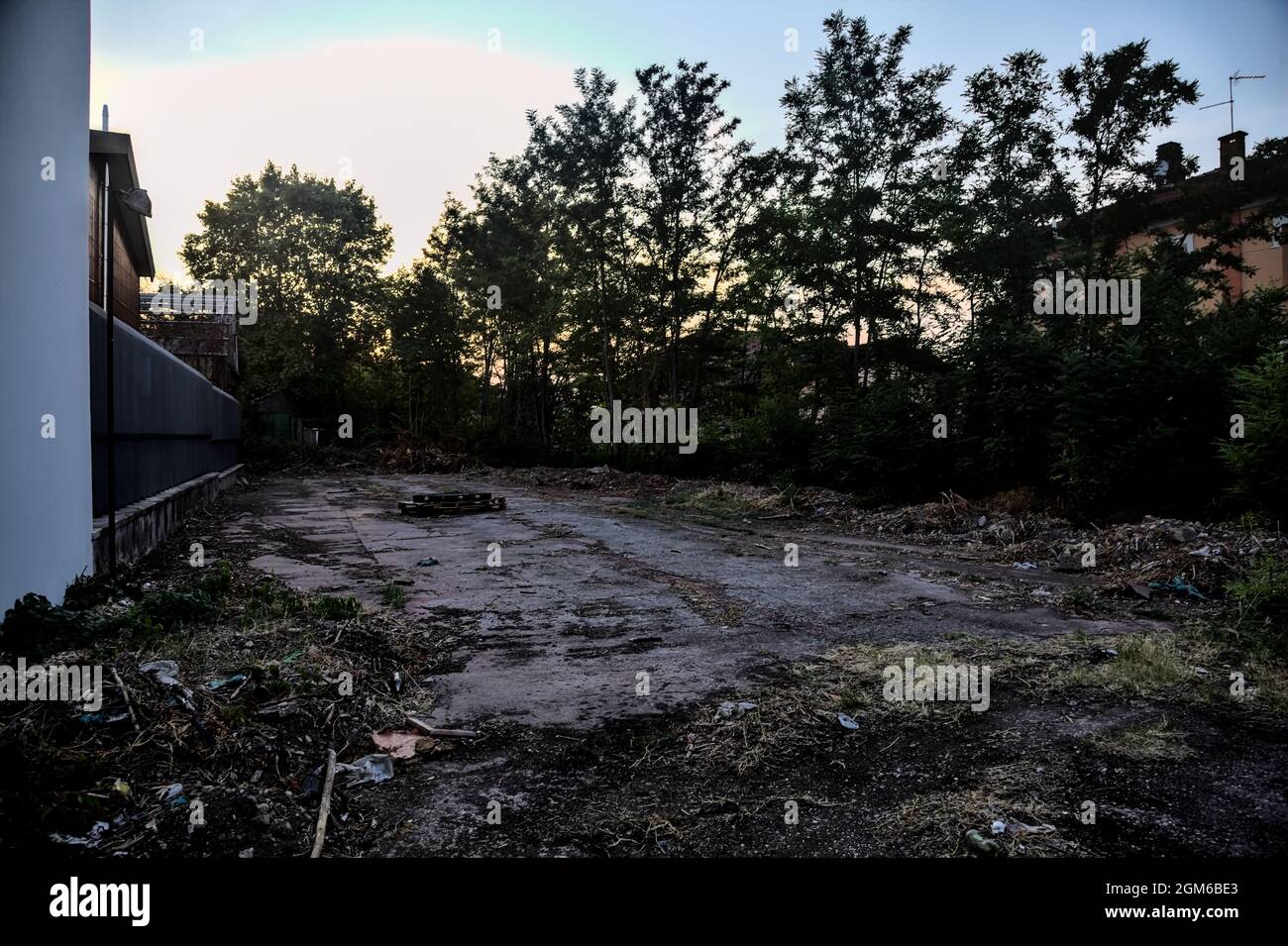 Spazio aperto di una fabbrica abbandonata delimitata da alberi al tramonto Foto Stock