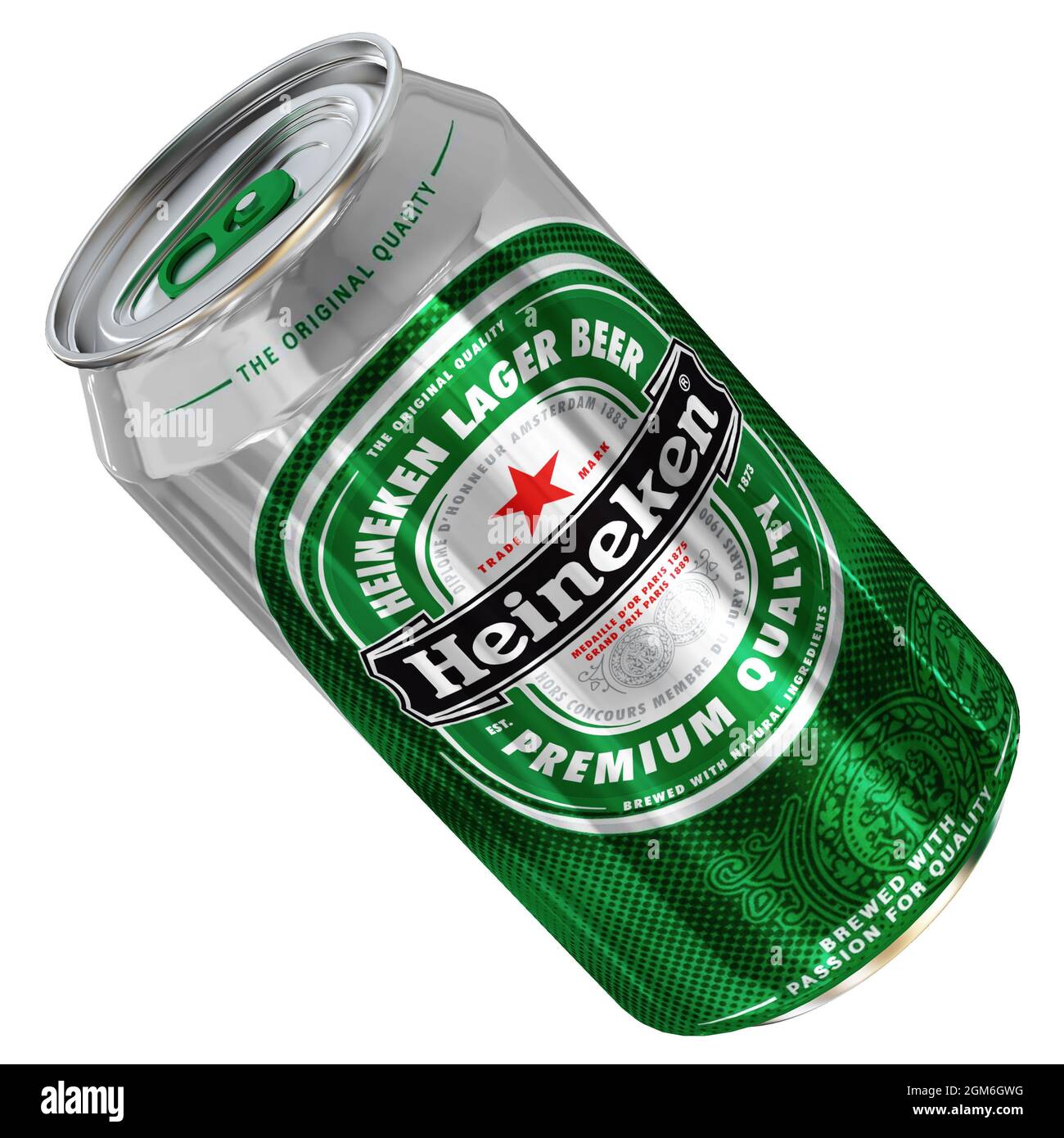 La birra Heineken può modellare il concept rendering 3d con sfondo bianco. Foto Stock