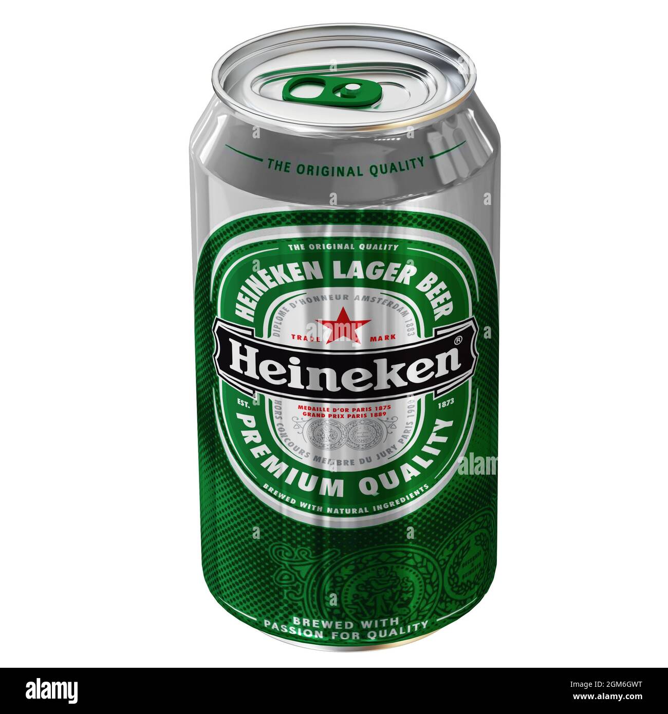 La birra Heineken può modellare il concept rendering 3d con sfondo bianco. Foto Stock