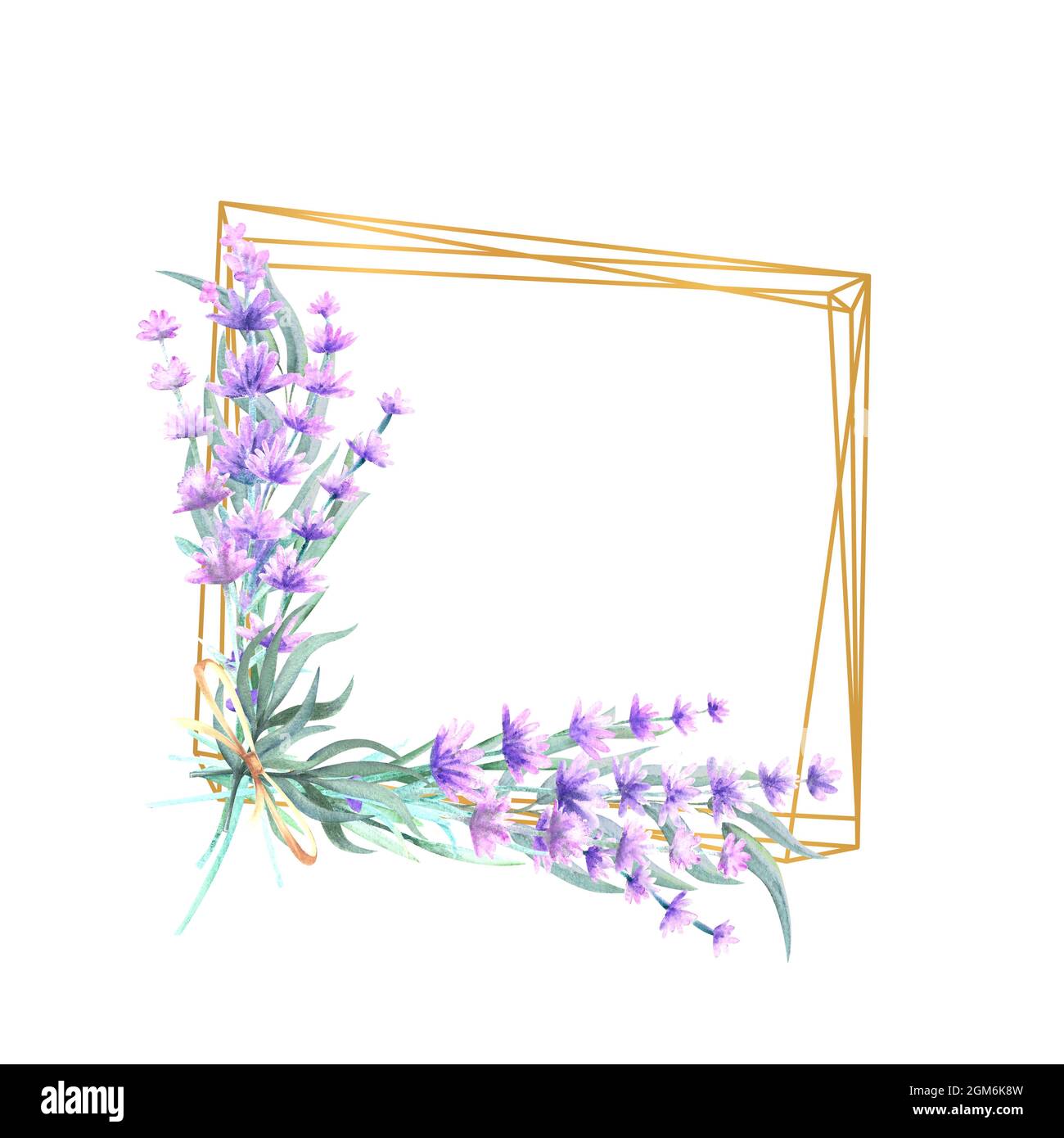 Fiori di lavanda in una cornice d'oro quadrato. Illustrazione di acquerello disegnata a mano. Per inviti, biglietti d'auguri, stampe, poster, pubblicità Foto Stock