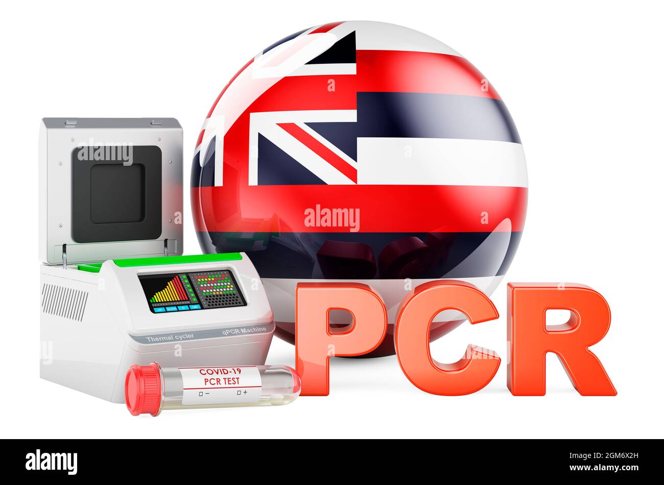 Test PCR per COVID-19 nelle Hawaii, Concept. Termociclatore PCR con flag Hawaiiano, rendering 3D isolato su sfondo bianco Foto Stock