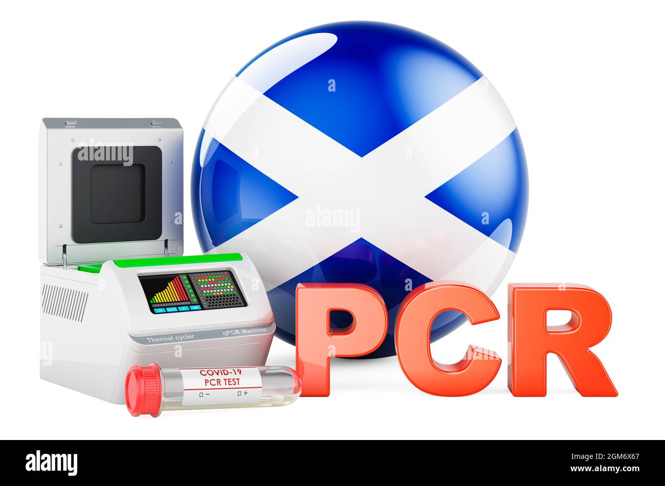 Test PCR per COVID-19 in Scozia, Concept. Termociclatore PCR con bandiera scozzese, rendering 3D isolato su sfondo bianco Foto Stock Test PCR per COVID-19 in Scozia, Concept. Termociclatore PCR con bandiera scozzese, rendering 3D isolato su sfondo bianco Foto Stock