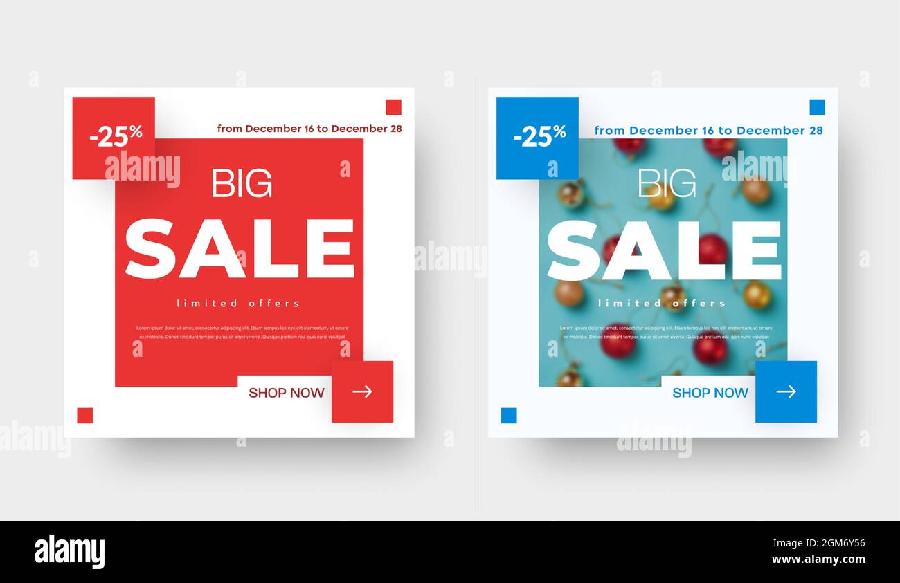 Grande vendita modello vettoriale quadrato con elementi di design rosso e blu. Layout per social media, newsletter via e-mail e promozione mobile Illustrazione Vettoriale