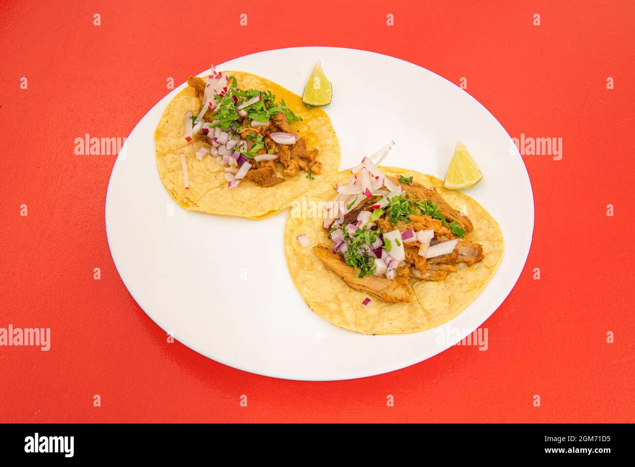 Tacos con tortillas di farina di mais con un sacco di coriandolo, cipolla rossa, ravanelli e pollo stufato su un piatto bianco Foto Stock Tacos con tortillas di farina di mais con un sacco di coriandolo, cipolla rossa, ravanelli e pollo stufato su un piatto bianco Foto Stock