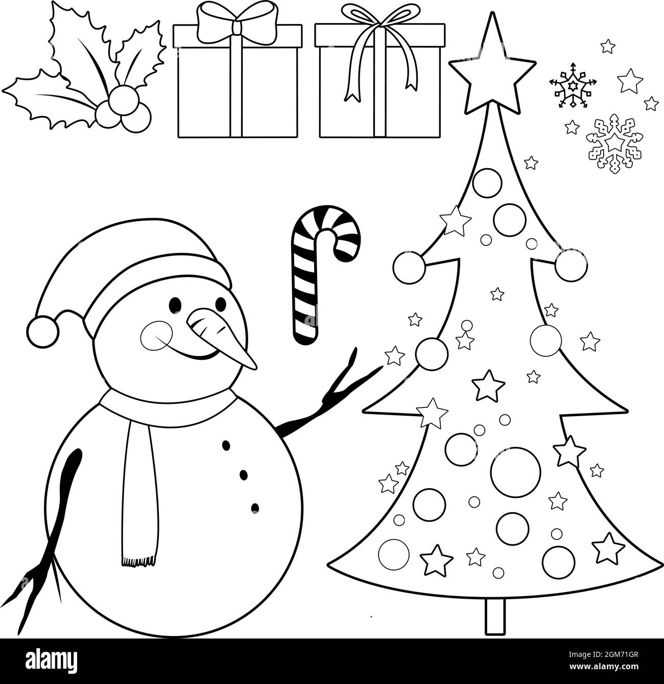 Collezione di Natale con pupazzo di neve, albero di Natale e regali. Pagina di colorazione vettoriale in bianco e nero. Illustrazione Vettoriale