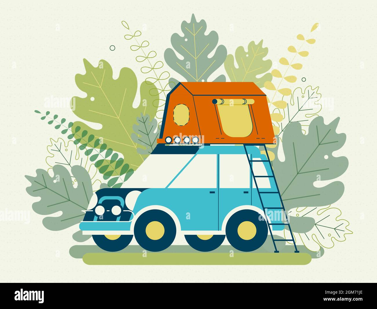 Campeggio estivo. Tende da campeggio. Tenda sul tetto dell'auto. Design piatto. Illustrazione del vettore di scorta. Illustrazione Vettoriale