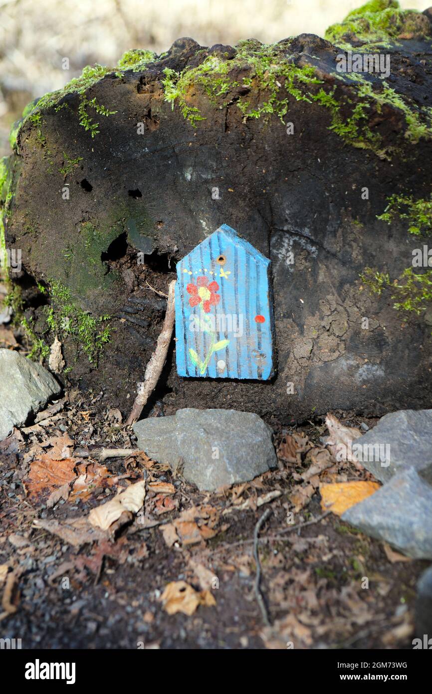 Fairy Door, parte del sentiero delle fate presso la Riserva Naturale di Lochwinnoch, Renfrewhire, Scozia Foto Stock