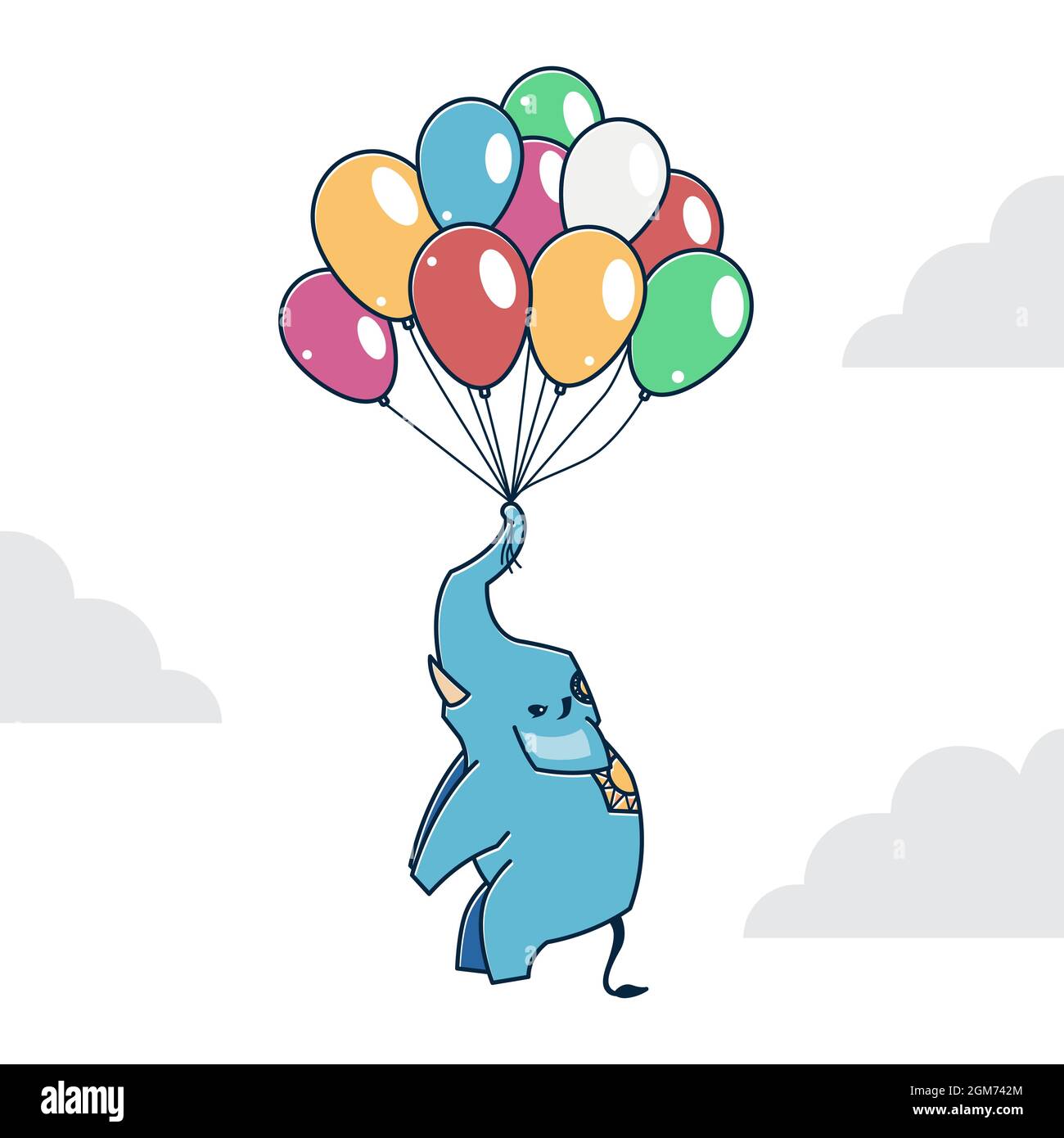 Big Elephant Flying Floating Holding Balloon Zoo personaggio Cartoon Illustrazione Vettoriale