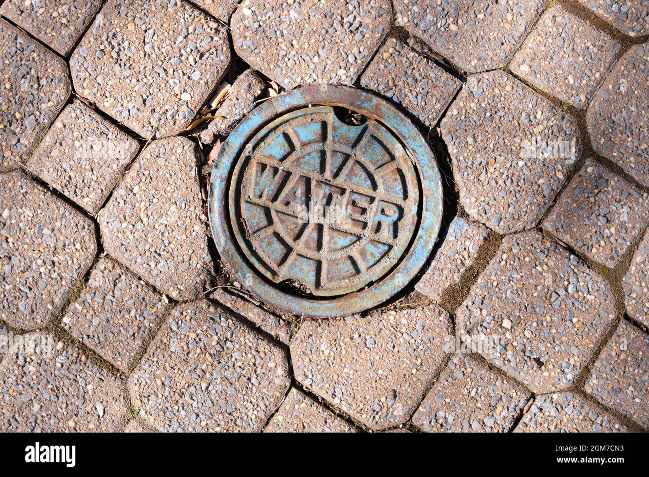 Un primo piano di una botola d'acqua rotonda in metallo, acciaio, ferro, tappo in un marciapiede in mattoni. Ad Arlington, Virginia. Foto Stock