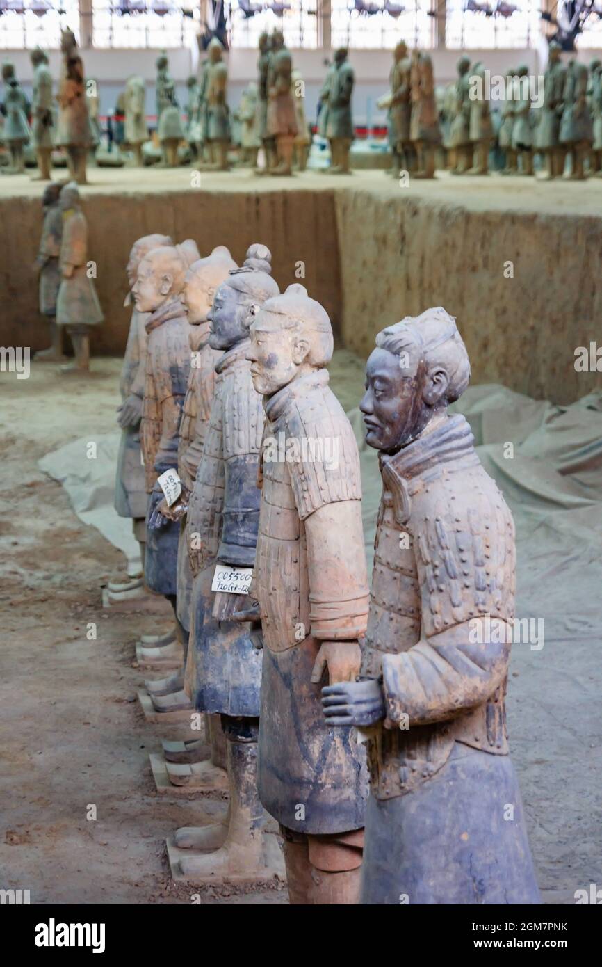 L'Esercito di Terracotta o i 'Guerrieri e cavalli di Terra cotta' sepolti nei box accanto alla tomba di Qin Shi Huang nel 210-209 AC a Xian di Shaanxi Prov Foto Stock