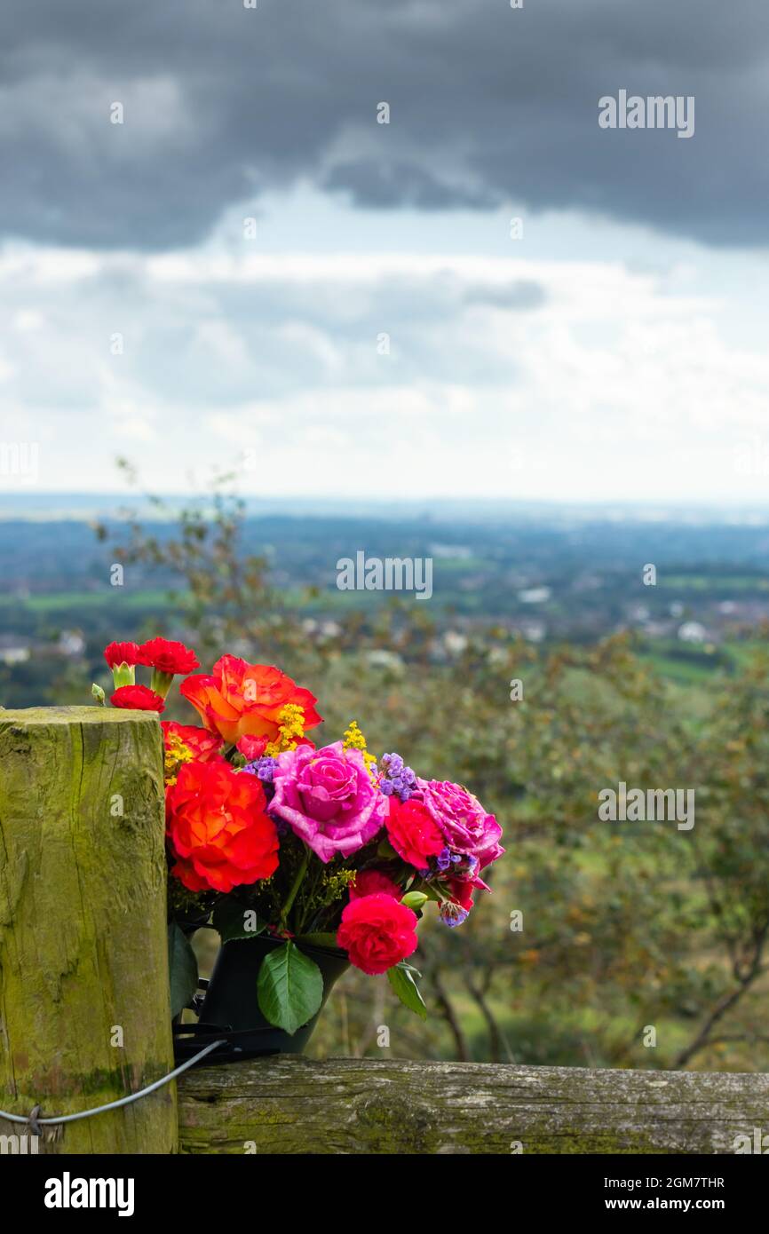 Primo piano di fiori di rose commemorative legati a una recinzione presso la cima della collina di At Mow Cop Folly staffordshire uk Foto Stock