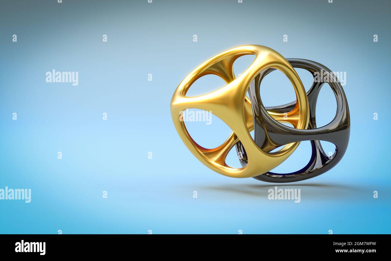 forme geometriche astratte in oro e nero su sfondo azzurro. rendering 3d Foto Stock